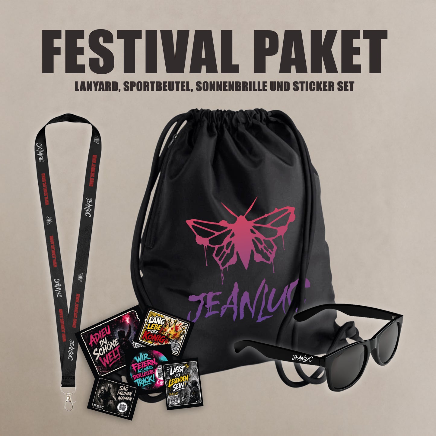 "Festival Paket" (Lanyard, Sportbeutel, Sonnenbrille und Sticker Set)